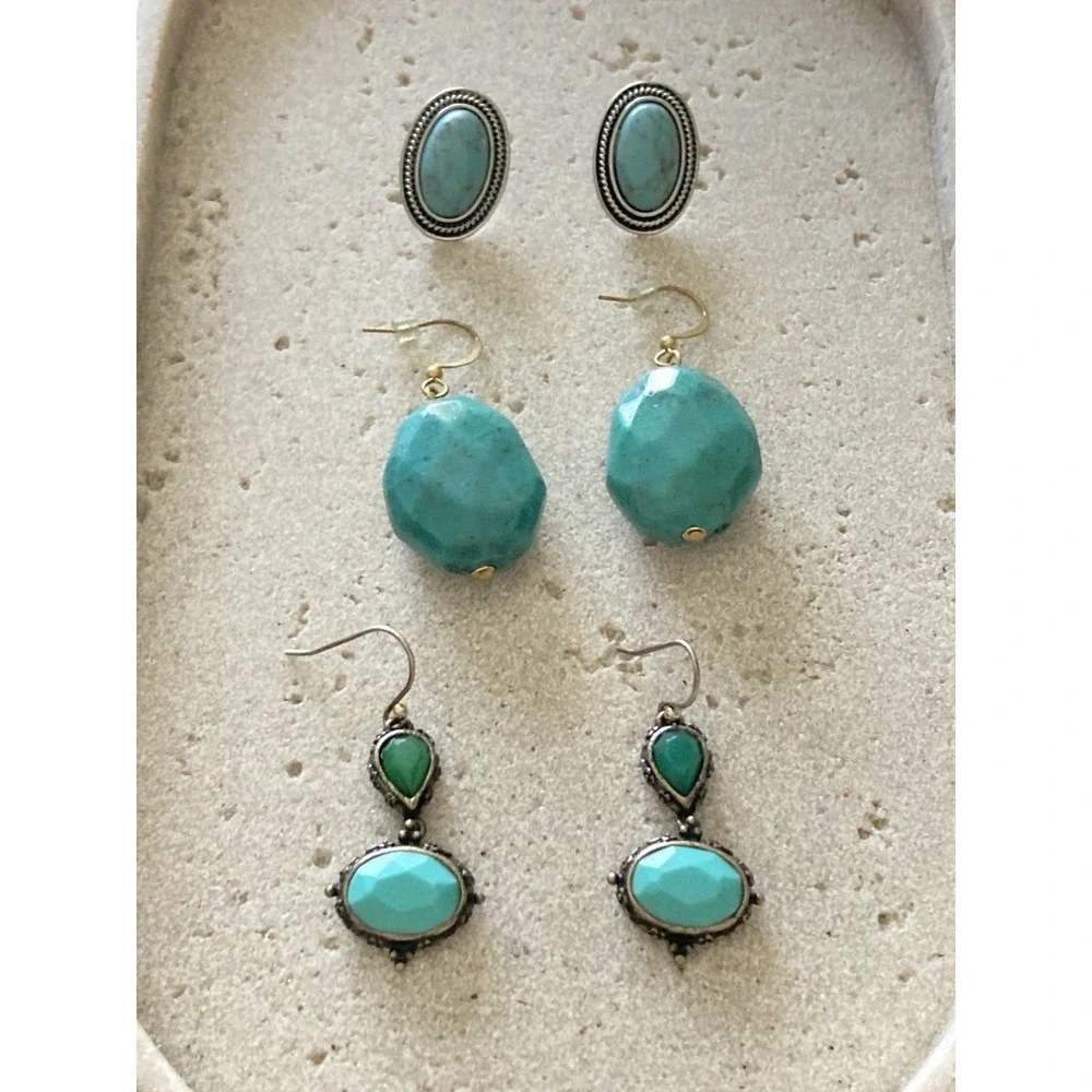 Teal Blue Earrings Set Of 3 Pair Stud Drop Dangle Boho Southwestern Style Artsy